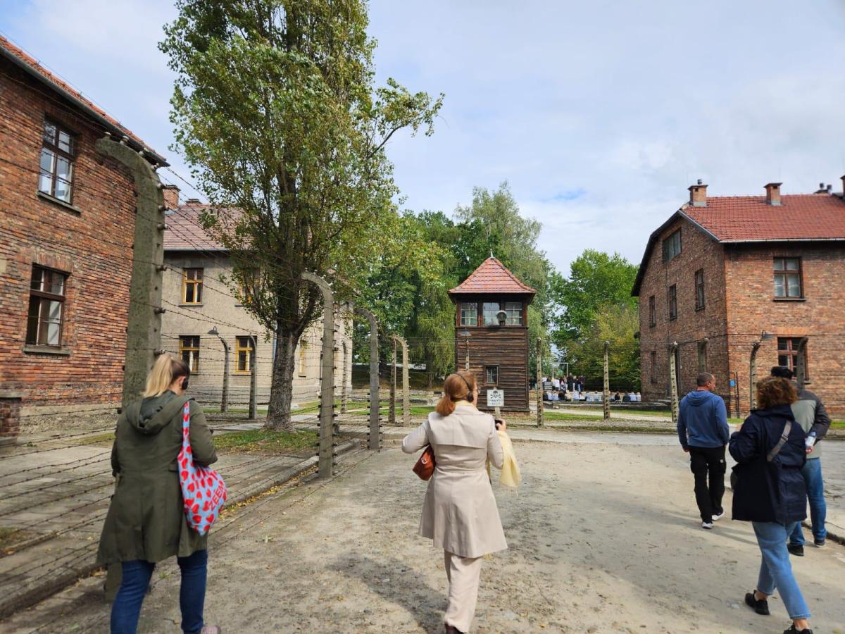 obrazuje spacerujących po Muzeum Auschwitz-Birkenau uczestników spotkania. Uczestnicy spacerują pomiędzy murowanymi blokami Muzeum w Auschwitz. Są skierowani tyłem do fotografa. W głębi zdjęcia widoczne bloki i drzewa.